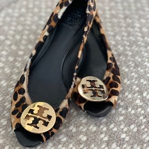 Tory Burch leopard calf hair peep toe